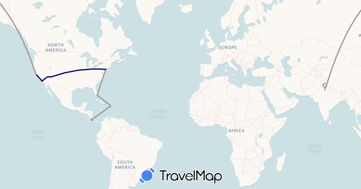 TravelMap itinerary: driving, plane in Costa Rica, Dominican Republic, India, United States (Asia, North America)
